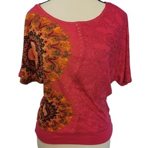 NWT Desigual Scoop Neck Dolman Sleeve Pink Boho Print Top - Sz 9/10